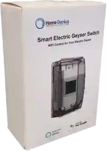 Box of Home Genius Smart Electric Geyser Switch. Smart wifi electric geyser switch/controller. Waterproof and dustproof for max durability.