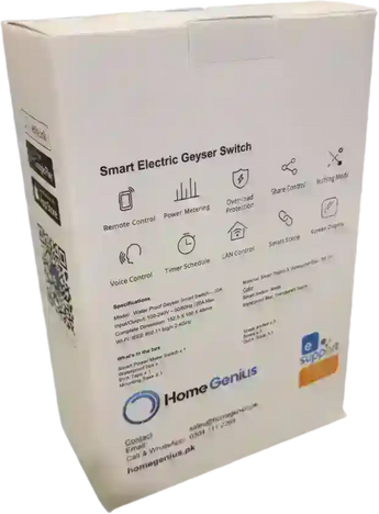Box of Home Genius Smart Electric Geyser Switch. Smart wifi electric geyser switch/controller. Waterproof and dustproof for max durability.