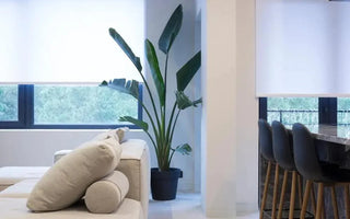 Modern living room with smart home setup, cozy sofa, tall plant, and kitchen bar stools near window