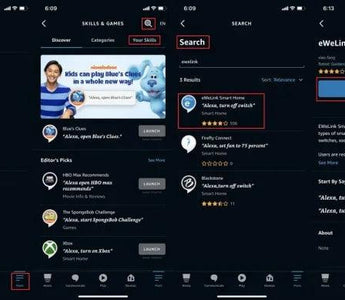 Amazon Alexa app screenshots showing how to enable eWeLink Smart Home skill for smart home automation integration.