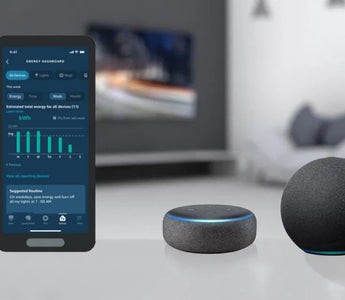 Smart home devices and smartphone with energy dashboard in modern living room setting