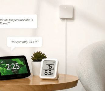 Smart home temperature sensor, digital display, and Alexa device on side table in modern living room