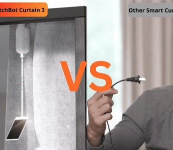 SwitchBot Curtain 3 smart curtain device with solar panel versus man holding other smart curtain cable