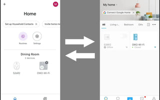 Smart home app interface showing WiFi switch and door sensor controls for home automation
