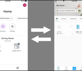 Smart home app interface comparison with WiFi switch and plug devices, arrows showing data sync