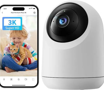 3K Super HD smart security camera with smartphone app view of child and cat