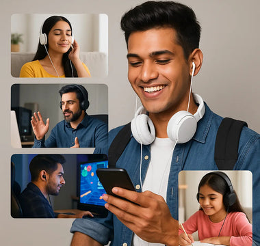 People using headphones for online learning, calls, gaming, and remote work