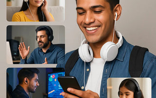 Man smiling with white headphones, using smartphone; family scenes show music, gaming, video calls, studying
