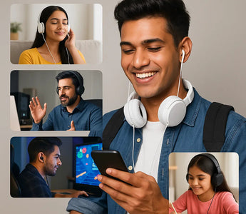 Man smiling with white headphones, using smartphone; family scenes show music, gaming, video calls, studying