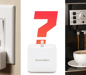 SwitchBot smart plug controlling wall switch and coffee machine, enabling home automation and remote control