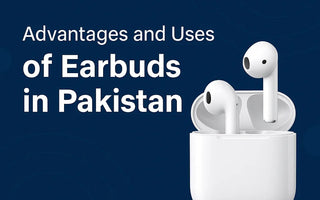 White wireless earbuds in charging case with text on advantages and uses in Pakistan