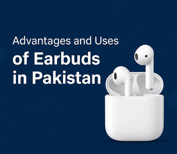 White wireless earbuds in charging case with text on advantages and uses in Pakistan