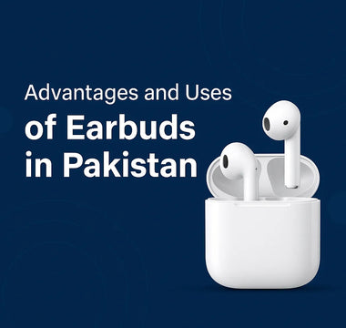 White wireless earbuds in charging case with text on advantages and uses in Pakistan