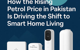 Smart home devices including WiFi energy meter and security camera with text on rising petrol prices in Pakistan.