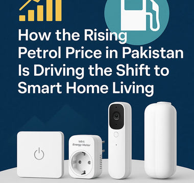 Smart home devices including WiFi energy meter and security camera with text on rising petrol prices in Pakistan.