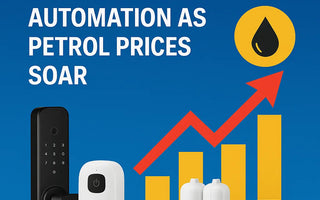 Smart home automation devices with fingerprint lock, camera, sensors and rising petrol prices graphic