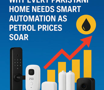 Smart home automation devices with fingerprint lock, camera, sensors and rising petrol prices graphic