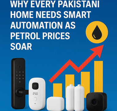 Smart home automation devices with fingerprint lock, camera, sensors and rising petrol prices graphic