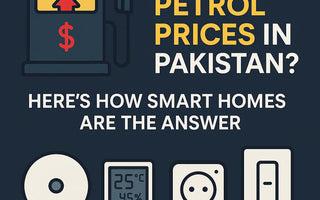 Petrol pump graphic and smart home device icons with text about rising petrol prices in Pakistan and smart home solutions.