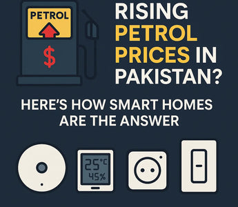 Petrol pump graphic and smart home device icons with text about rising petrol prices in Pakistan and smart home solutions.