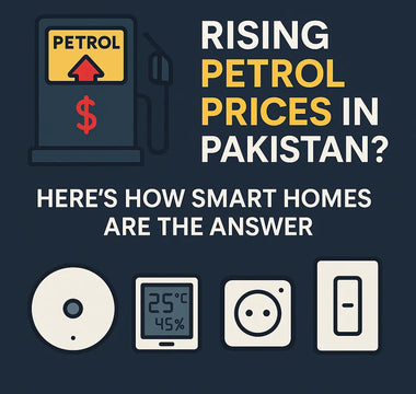 Petrol pump graphic and smart home device icons with text about rising petrol prices in Pakistan and smart home solutions.
