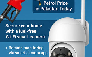 WiFi smart security camera promoting home monitoring in Pakistan with petrol pump graphic.