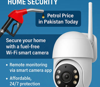 WiFi smart security camera promoting home monitoring in Pakistan with petrol pump graphic.