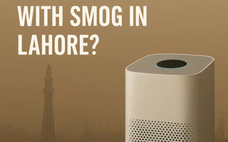 Air purifier against smoggy Lahore skyline with Minar-e-Pakistan, smog and air pollution concern