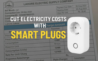 Smart plug device on electric bill background with text promoting energy savings