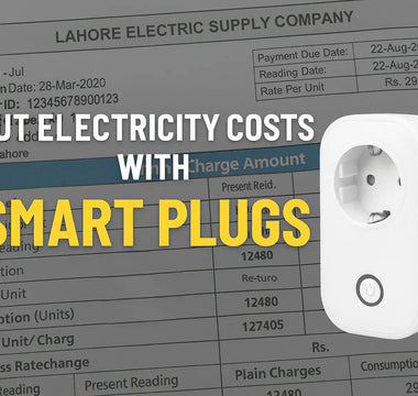 Smart plug device on electric bill background with text promoting energy savings