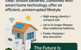 Smart home with solar panels, WiFi smart switches, and battery icon promoting efficient battery-powered home automation