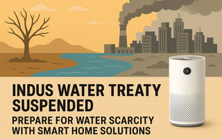 Smart home device alongside illustration of drought, polluted city, and water scarcity warning.