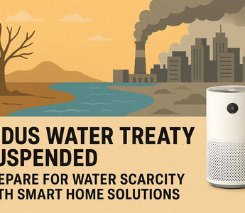 Smart home device for water scarcity with Indus Treaty suspension alert, industrial city backdrop