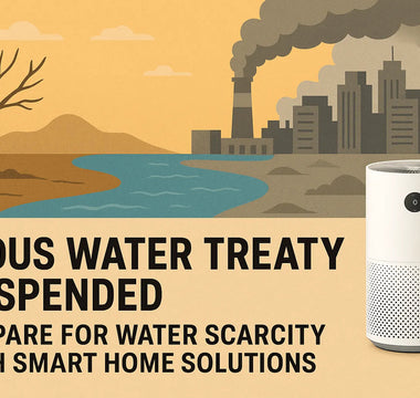 Smart home device for water scarcity with Indus Treaty suspension alert, industrial city backdrop