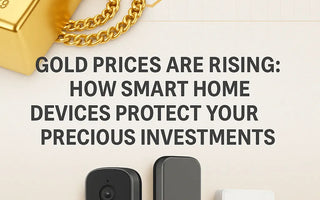 Gold bar and chain with rising graph, smart home devices for security and investment protection