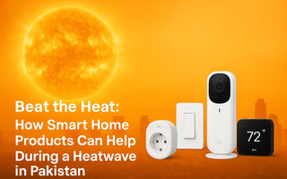 Smart home devices including switch, plug, camera, and thermostat under intense sun