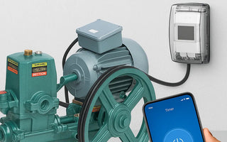 WiFi smart switch automating donkey pump, controlled by mobile app interface in hand