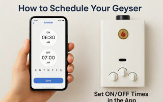 Hand holding smartphone with geyser scheduling app next to wall-mounted smart geyser switch.