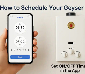 Hand holding smartphone with geyser scheduling app next to wall-mounted smart geyser switch.