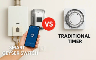 Smart geyser switch controlled by smartphone versus traditional timer on wall.