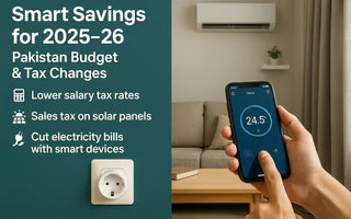 Person using smartphone to control smart air conditioner and plug in modern living room with smart savings and tax benefits text.