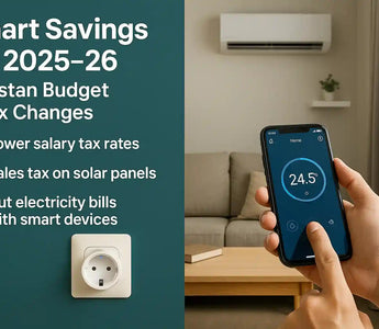 Person using smartphone to control smart air conditioner and plug in modern living room with smart savings and tax benefits text.