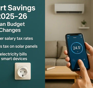 Person using smartphone to control smart air conditioner and plug in modern living room with smart savings and tax benefits text.