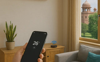 Smart home living room in Lahore with WiFi air conditioner controlled by smartphone