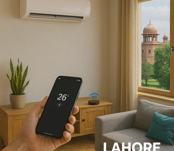 Smart home living room in Lahore with WiFi air conditioner controlled by smartphone