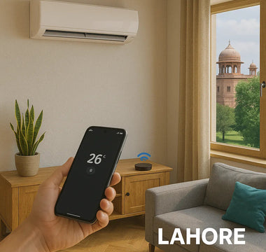 Smart home living room in Lahore with WiFi air conditioner controlled by smartphone