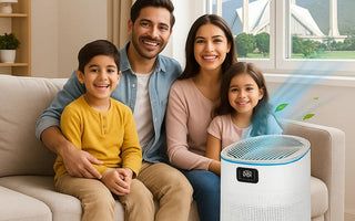 Happy family with children sitting on a sofa beside a smart air purifier in a modern living room