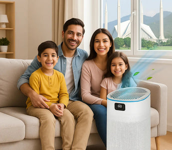 Happy family with children sitting on a sofa beside a smart air purifier in a modern living room