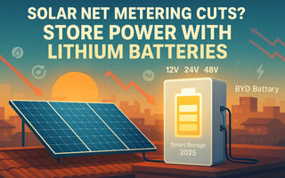 Solar panel on rooftop at sunset connected to a lithium battery storage unit for smart home energy.