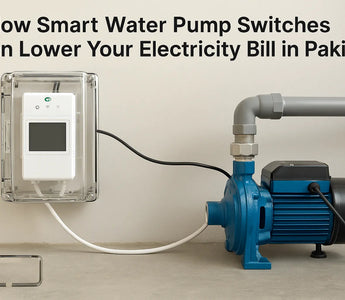Smart water pump switch with WiFi control connected to blue water pump for energy savings in Pakistan